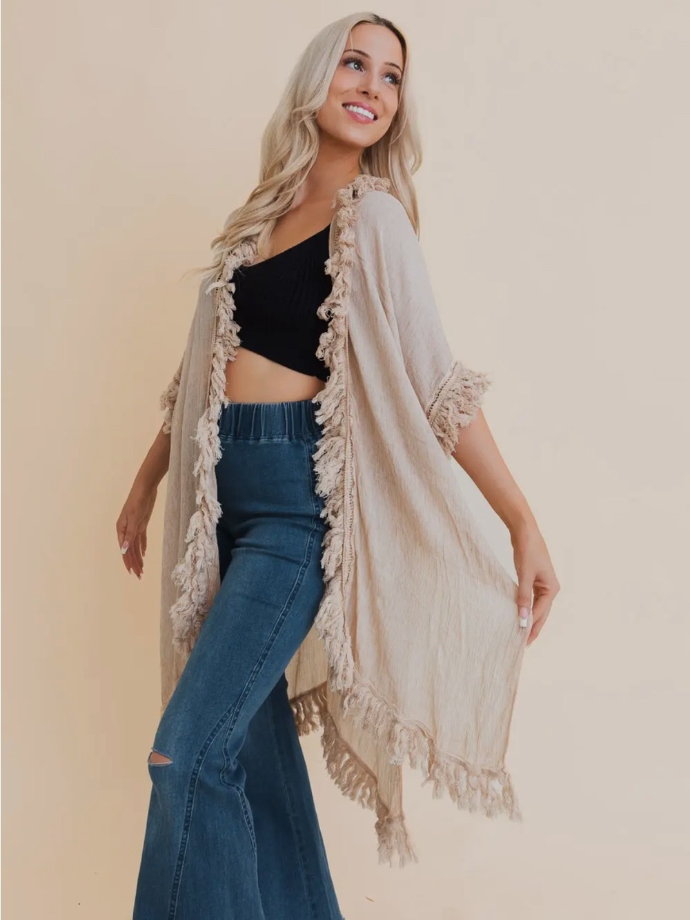 Fringe Trim Open-Front Cardigan Kimono in sun-dried Beige